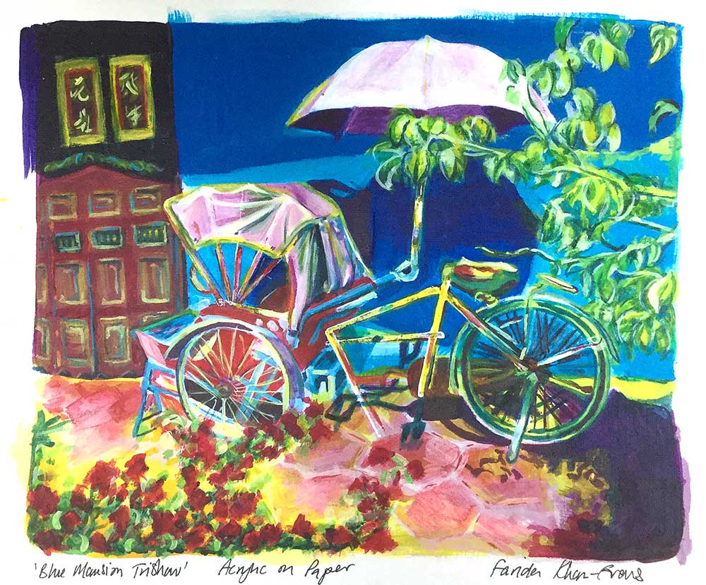 Blue Mansion Rickshaw, Acrylic on Paper