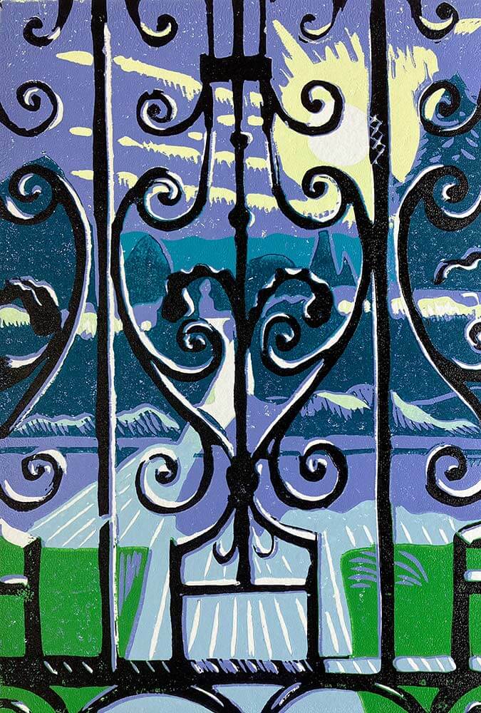 Iron Garden Gate, Polesden Lacey, Surrey - linocut