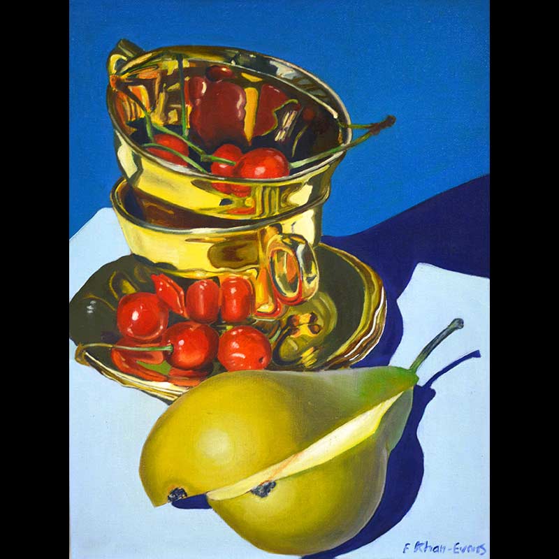 Pear, cherries and tea cup - oil on board