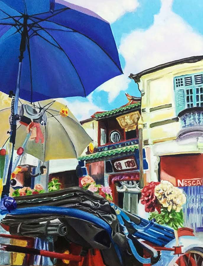 Trishaw with Parasol, Malaysia - Oil on Canvas